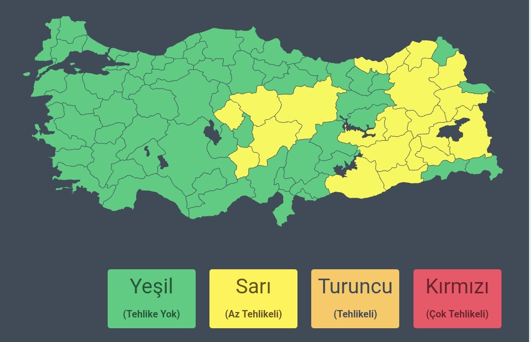 🔴Meteoroloji Genel Müdürlüğü, yarın 21 il için sarı kodlu uyarıda bulundu.

• Ağrı 
• Artvin 
• Bingöl 
• Bitlis 
• Diyarbakır 
• Elazığ 
• Erzurum
• Kars 
• Kayseri 
• Kırşehir 
• Mardin 
• Muş 
• Niğde 
• Rize
• Siirt 
• Sivas
• Trabzon 
• Şanlıurfa 
• Van