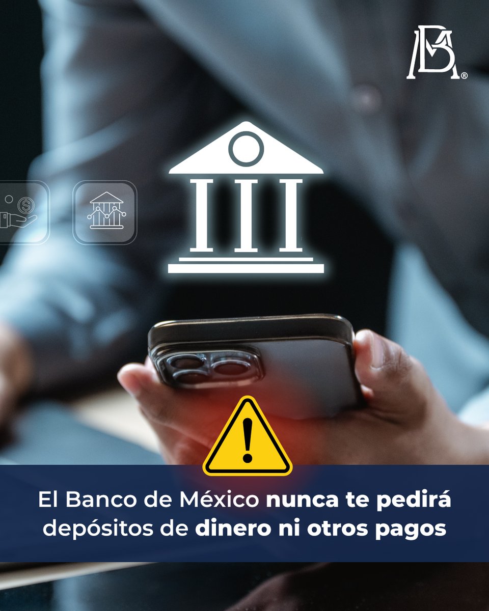 Banxico's tweet image. El Banco de México no realiza operaciones financieras con particulares, por lo que no te pedirá depósitos ni hará cobros en redes sociales, mensajes o llamadas.

➡️ No envíes dinero ni compartas tus datos personales o bancarios.

#BancodeMéxico #Alertadeseguridad #Protegetudinero