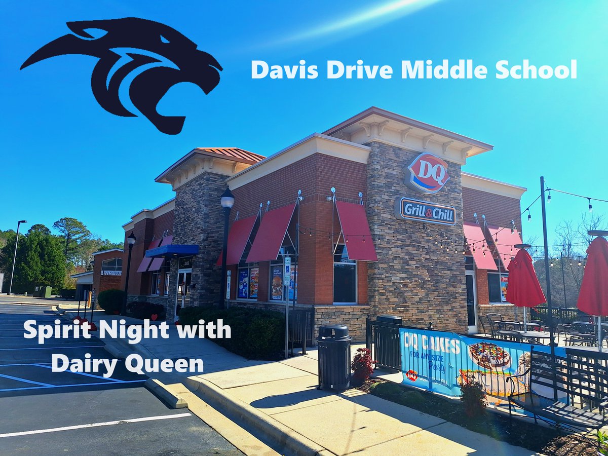 Join us this Thursday Night for the Davis Drive Middle Spirit Night at the Morrisville DQ!  We're taking a portion of all sales between 4-8 PM and donating them to the DDMS PTA, so stop by and support a local school!

#SchoolSpirit #LoveMyDQ #MorrisivlleNC