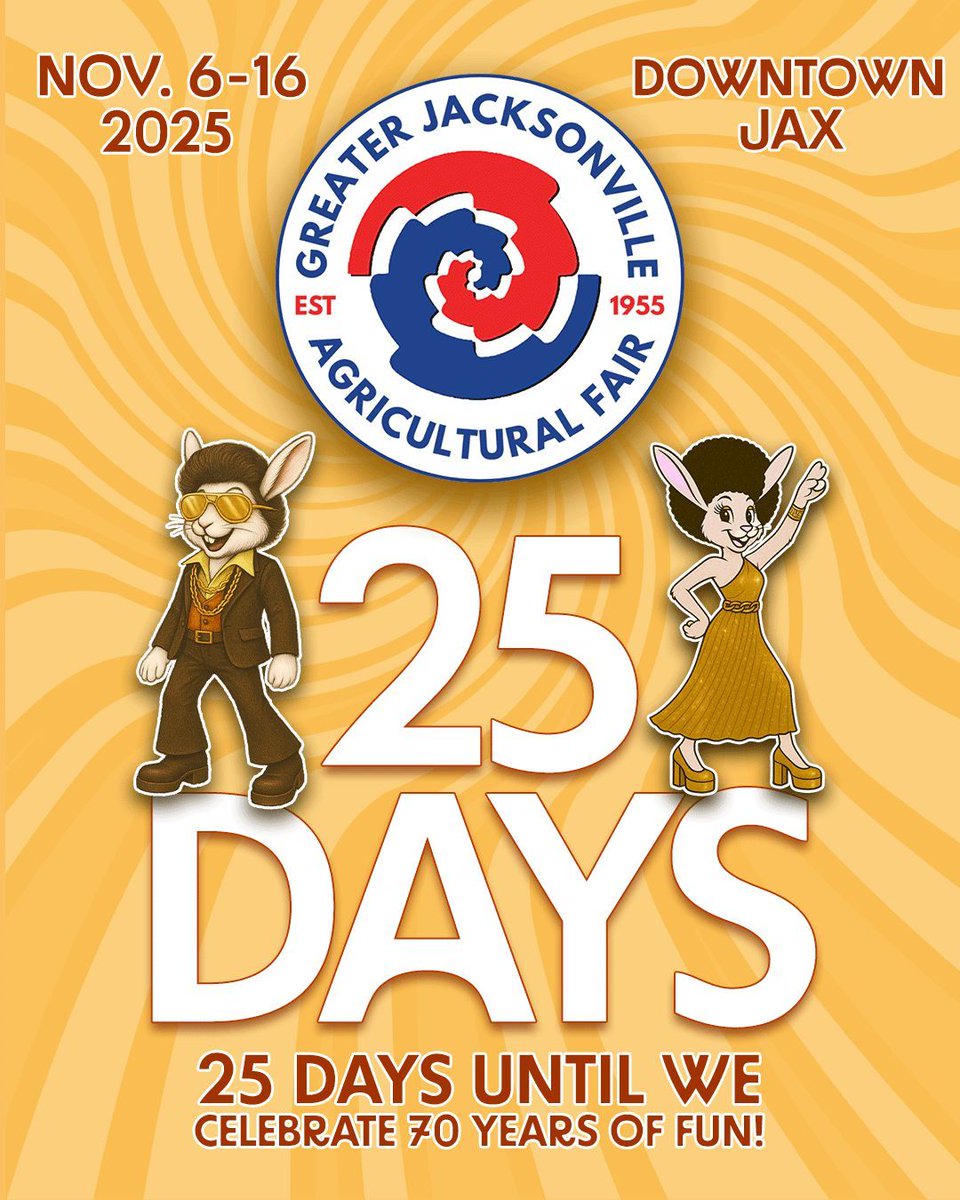 ⏲️ 25 days until the 🎡2025 #JAXFAIR🎡opens for one last dance in #DTJAX! 

📆 November 6th - 16th we celebrate 70 years of fun! Then we head to our brand-new 82+ acre home on the Westside. More info on our relocation here at 👉 buff.ly/6AuPQIU
