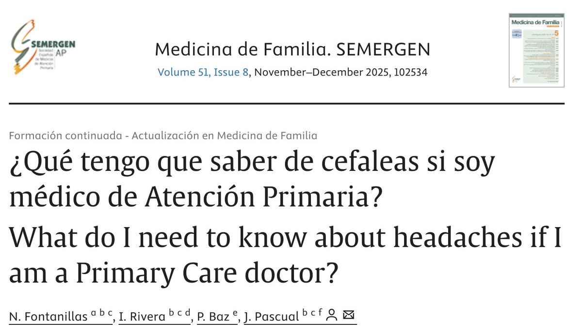 🔸¿Qué tengo que saber de cefaleas si soy médico de Atención Primaria?
 N. Fontanillas, I. Rivera, P. Baz, J. Pascual
f.mtr.cool/xntuyqthdo