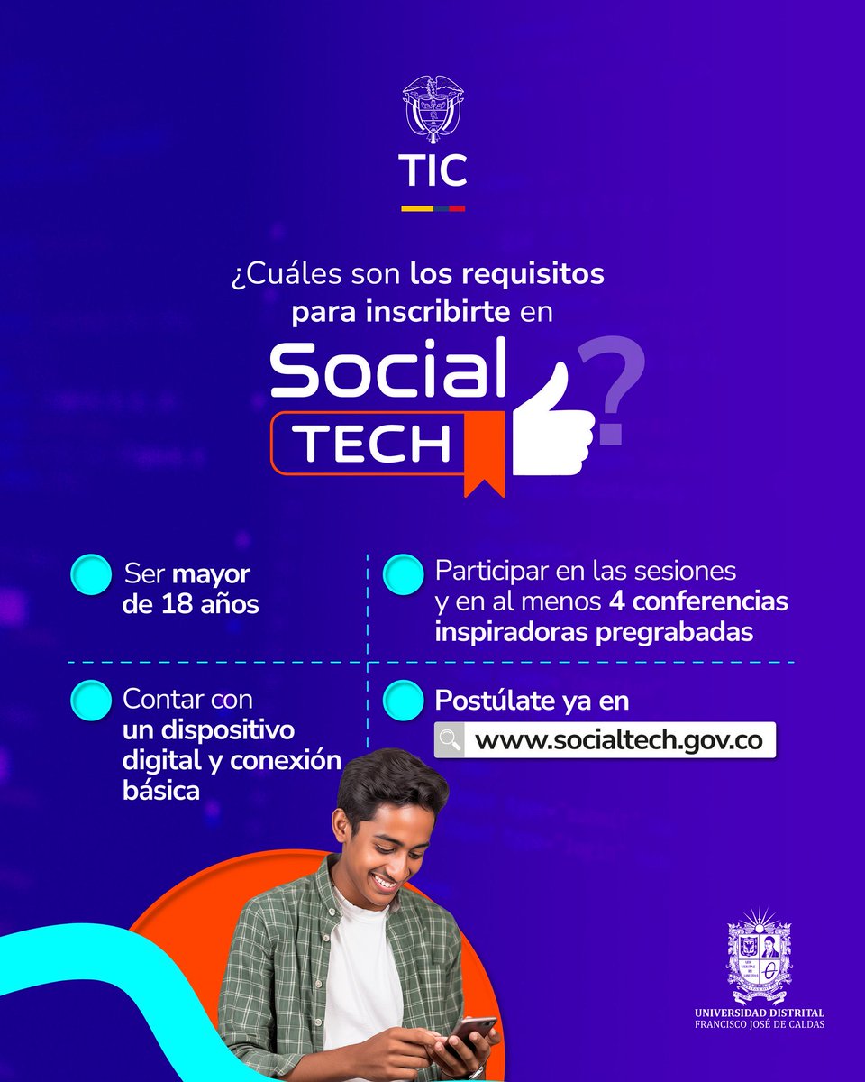TalentoDigCol's tweet image. 👩🌍 #SocialTECH del @Ministerio_TIC en alianza con el @udistrital prioriza talento en regiones, mujeres, comunidades étnicas y jóvenes rurales. 

Descubre más de esta apuesta por una economía digital más diversa e inclusiva y postúlate ahora en socialtech.gov.co