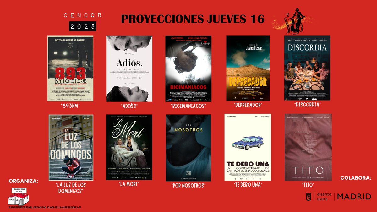 🎬 PROYECCIONES JUEVES 16
#893KM
#LALUZDELOSDOMINGOS
#PORNOSOTROS
#LAMORT
#TEDEBOUNA
#TITO
#ADIÓS
#BICIMANIACOS
#DEPREDADOR
#DISCORDIA
🕡18:30h
📌Centro Cultural Meseta de Orcasitas. Plaza de la Asociación s/n. Usera