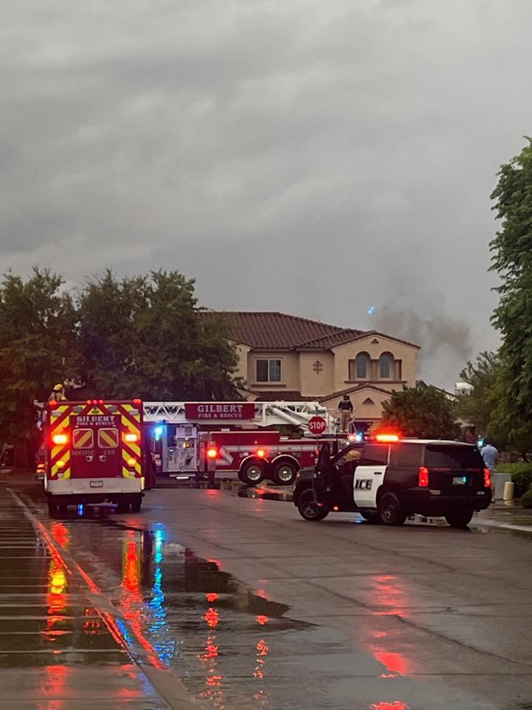rcowand16's tweet photo. Big rain followed by a lightning strike in our neighborhood. The homeowners have a Tesla powerwall, so I'm hoping it wasn't affected, but the strike hit above their garage. No one hurt, fast response and cleanup crew is on site. https://t.co/yEB8luoqUe