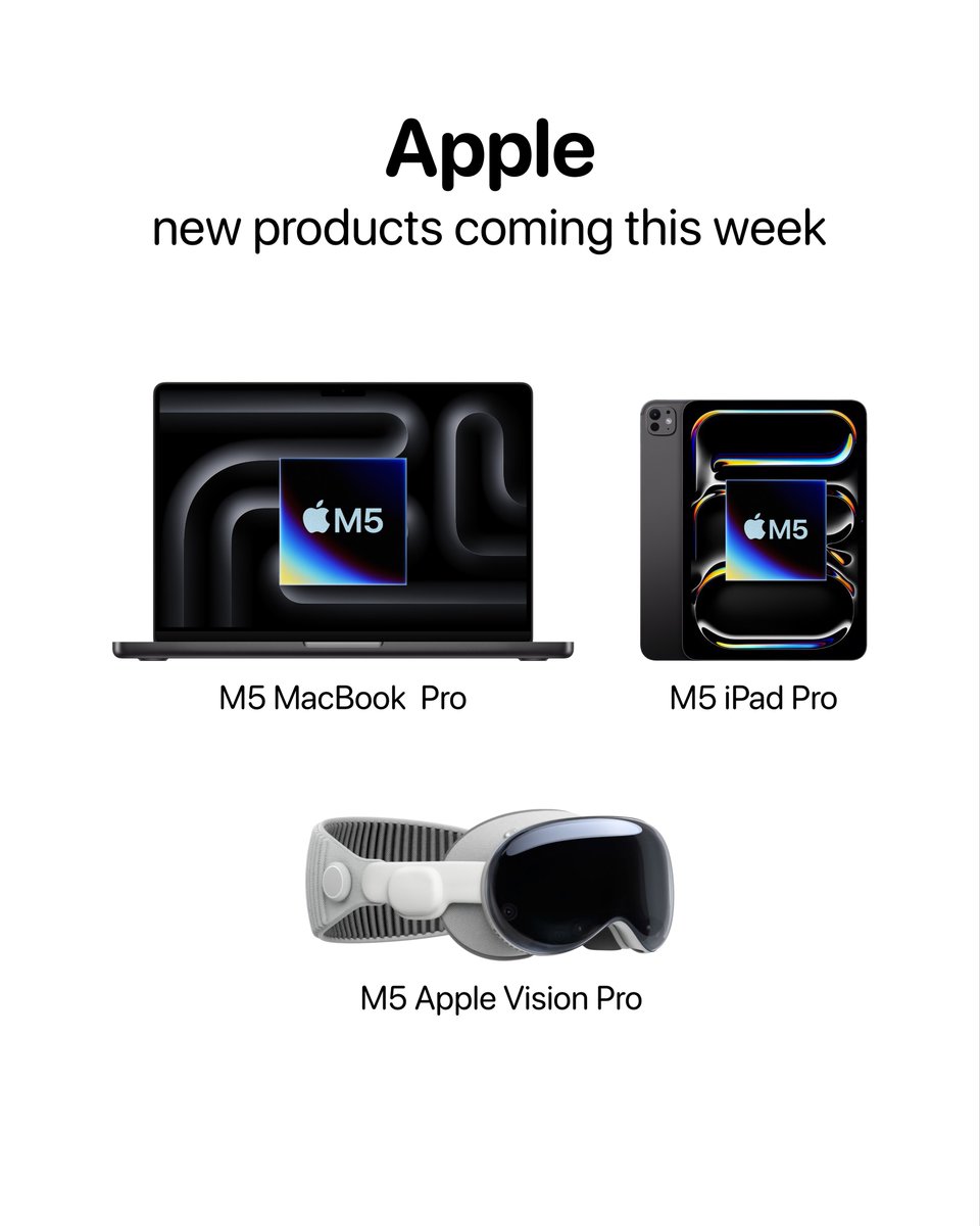 theapplehub's tweet image. Apple is likely to launch a new M5 iPad Pro, M5 MacBook Pro and M5 Apple Vision Pro this week! 🚨

Source: @markgurman