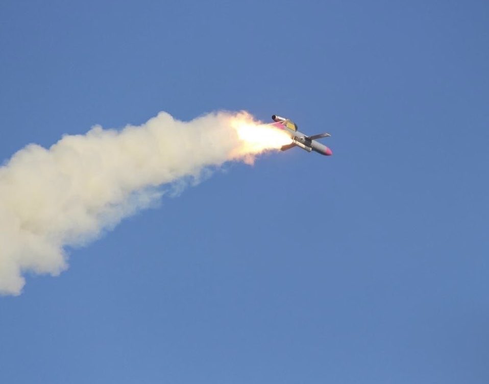 Osinttechnical's tweet image. Newly released image of a Ukrainian Flamingo cruise missile launch. 

Fire Point is producing roughly 3 of the missiles, capable of carrying a one-ton warhead out to 3,000 km, per day. A number have already been used in strikes on Russian targets.