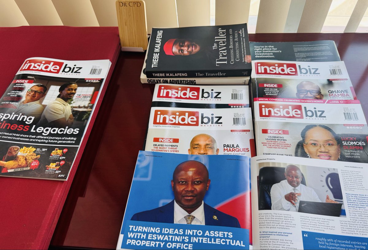 For fascinating bedside reading, grab the latest edition of @Inside_biz where they also feature yours truly. I share a snapshot of how Eswatini is set to take on the world, the creative economy world, that is, using IP.🌍🎨

facebook.com/InsideBiz.co.s…