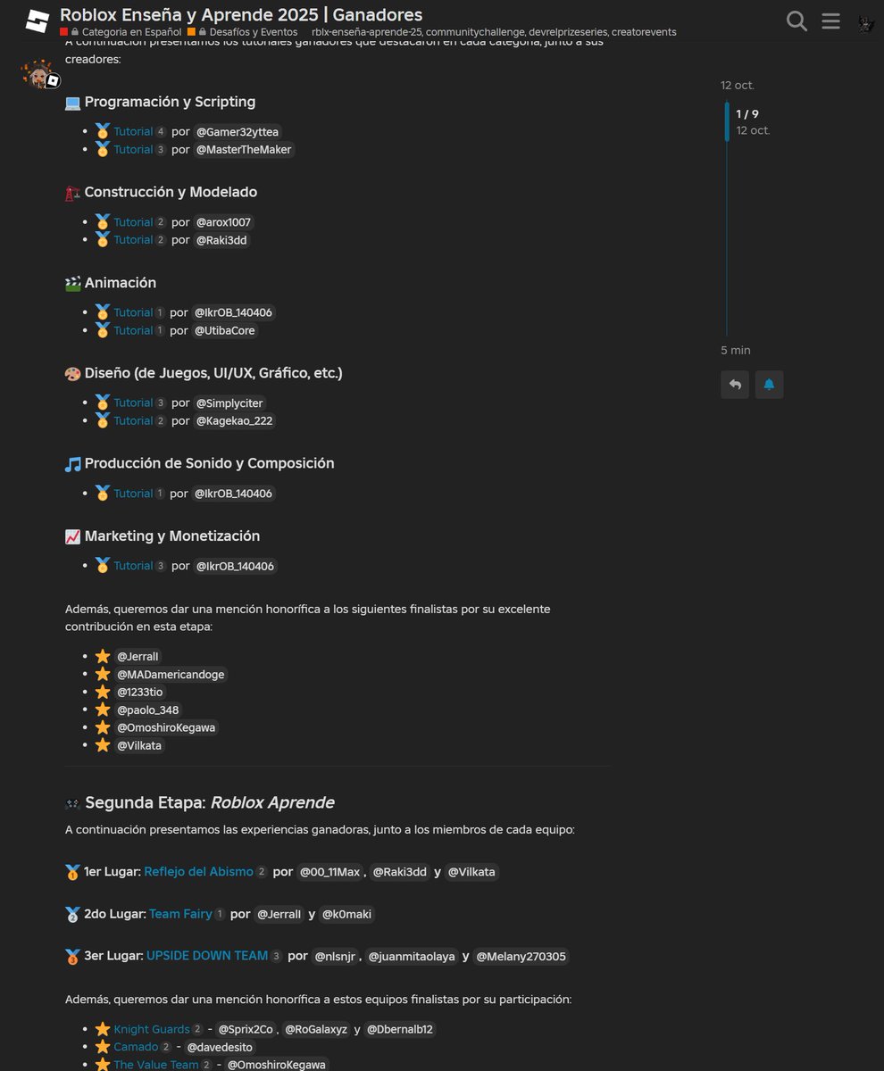 ¡Qué alegría! Nuestro proyecto Team Fairy quedó en segundo lugar en el evento Roblox Enseña y Aprende 2025 
De corazón, gracias a todos los que apoyaron, aprendieron y participaron 
Y un enorme reconocimiento a mi compañero <a href="/LunaMacad/">Komaki</a> , con quien hicimos esto posible 🙌
#ROBLOX