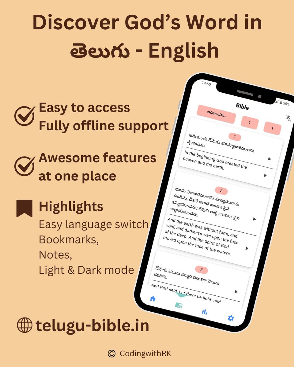 CodingwithRK's tweet image. Want to discover god&apos;s word in తెలుగు - English?

Here is the one-stop solution. 
Website: telugu-bible.in

Check out the mobile 📱 apps in

@GooglePlay  -&amp;gt; play.google.com/store/apps/det…

@IndusAppstore  -&amp;gt; indusapp.store/jdzhgub3
