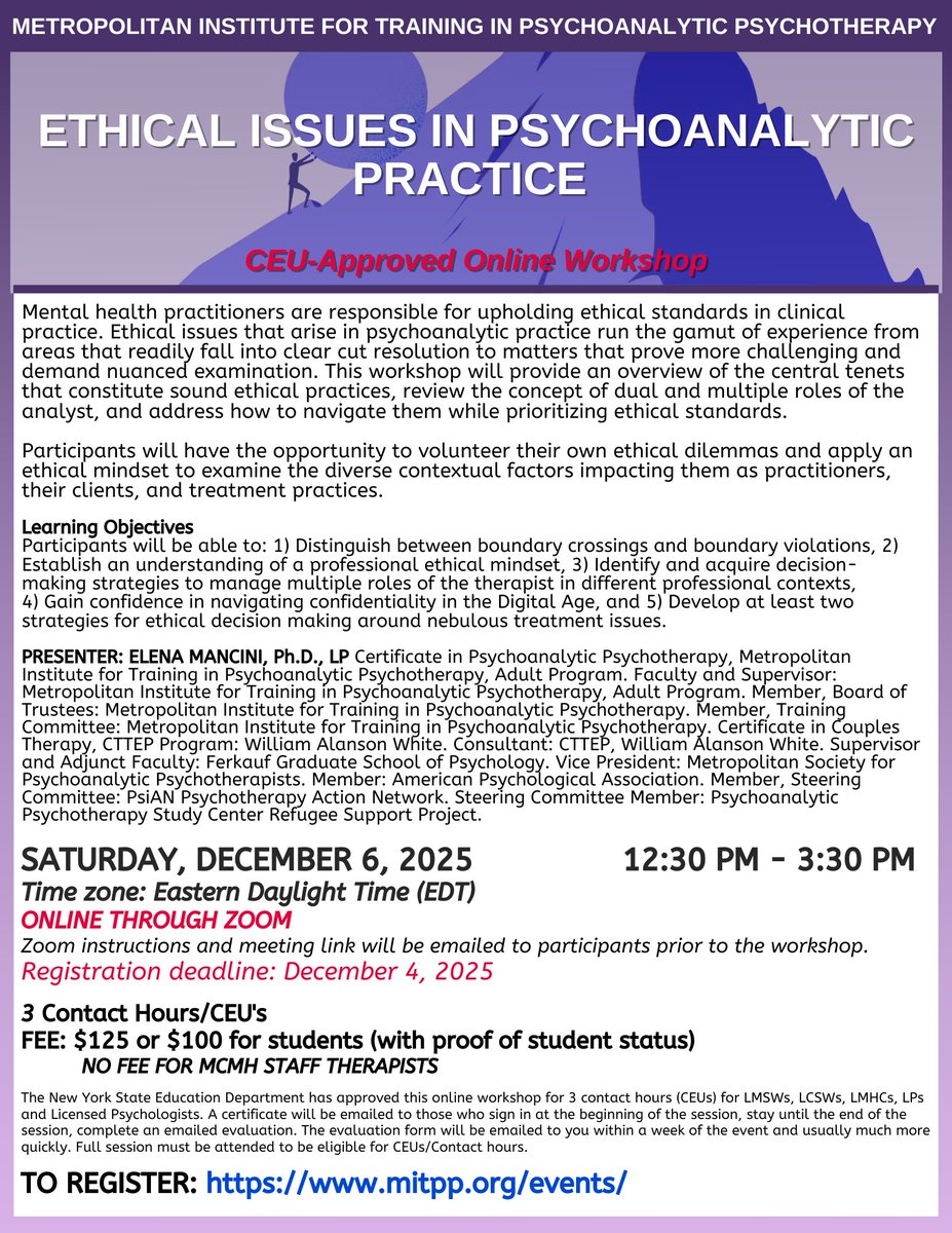 MITPP's tweet image. MITPP 12/6/25 ONLINE ETHICS WORKSHOP REQUIRED FOR NYS LP LICENSE - mailchi.mp/7d20257407a0/m…
