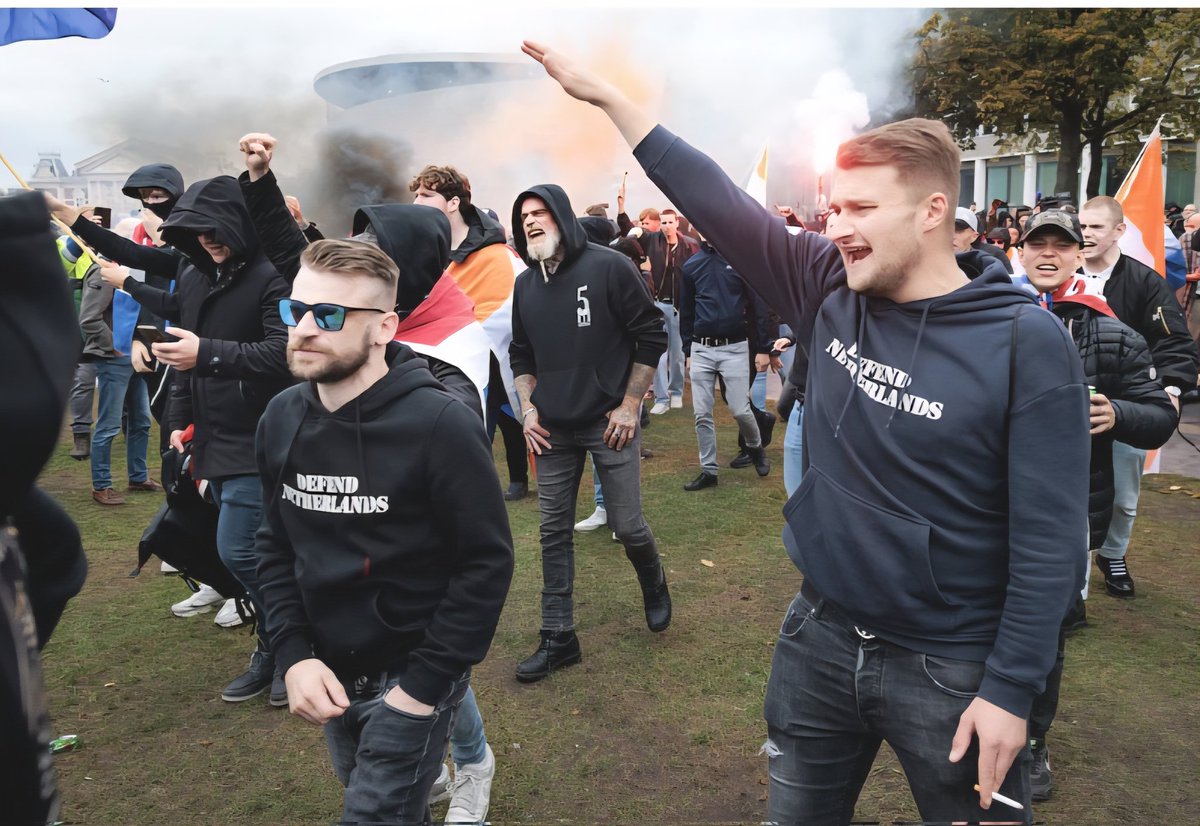Volwassen mannen met een #defendnetherlands trui die een nazi groet doen. Bijzondere combinatie...