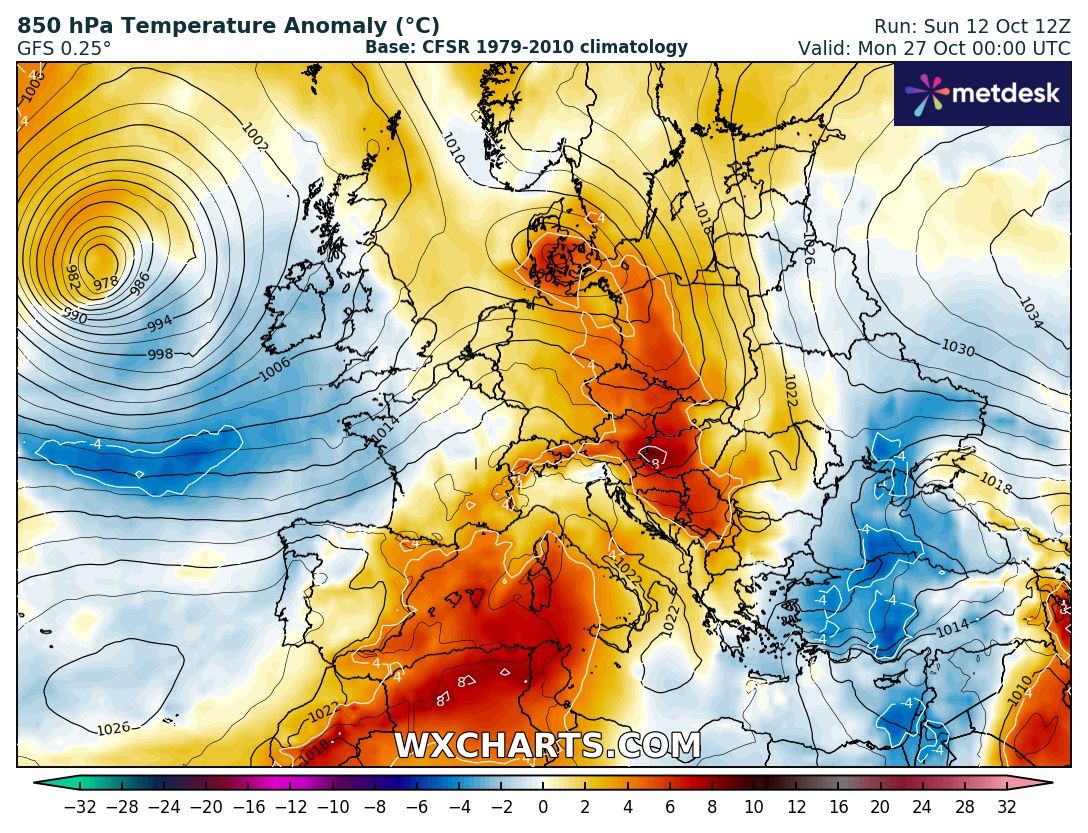 sturmwetter1703's tweet image. Richtung Ende Oktober schwächt sich das Hoch ab und aus Westen ziehen Tiefs nach Westeuropa. #Deutschland liegt dann oft auf der Vorderseite und es wird teils sehr mild, dazu neben #Sonne/Wolken zeitweise windig und vor allem nach Westen/Norden etwas #Regen.