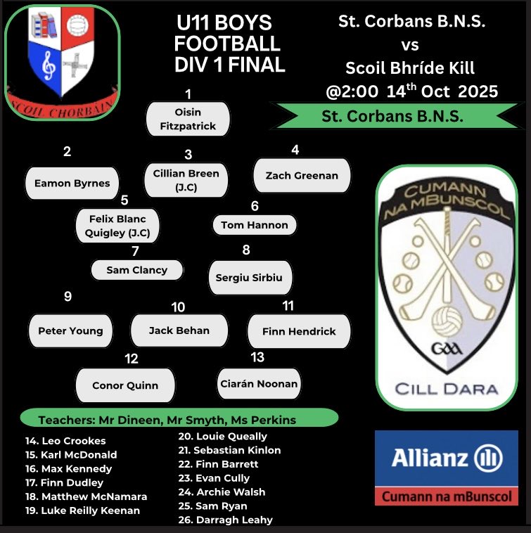 cumannchilldara's tweet photo. First up for our U11 Autumn finals @StCorbansNS face Scoil Bhríde Kill. After already meeting in the group stages this promises to be an exciting contest. Go n-éirí libh. 
@cnambnaisiunta 
@AllianzIreland 
@NaasGAA 
@AnChillGaa https://t.co/mreW1GZHul