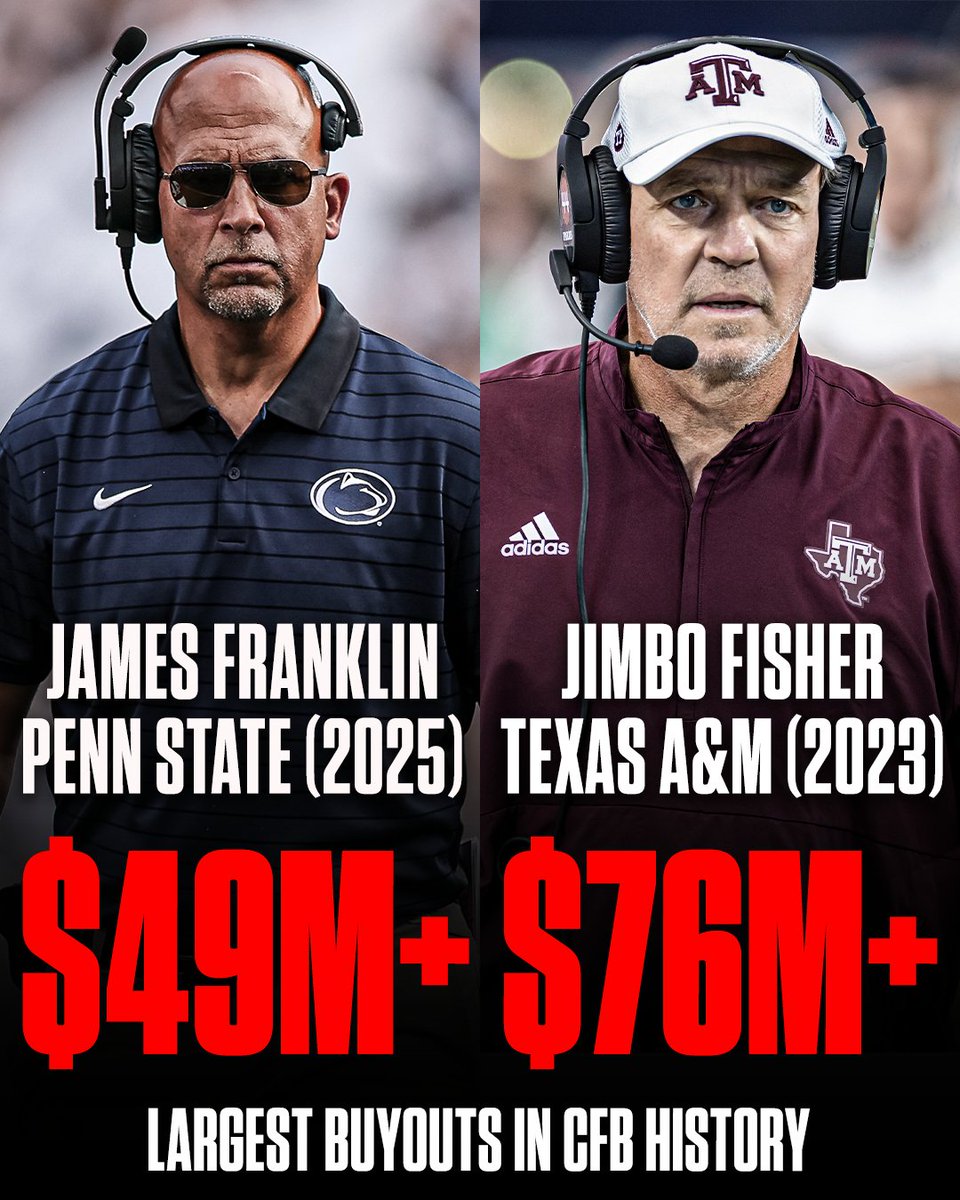 ESPNCFB's tweet image. Penn State firing HC James Franklin came with a hefty price tag 👀

Texas A&amp;amp;M's Jimbo Fisher buyout remains the most at more than $76 million.

(via @PeteThamel)