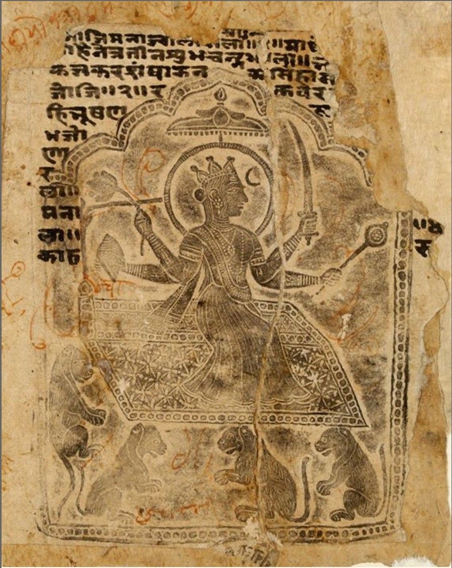 She who has big army
She who has an army which wins

Wood-block print, on paper, the goddess Durga seated on a throne supported by lions. She holds a sword, lotus, conch and mace. Design for a copper plaque of the type sold to pilgrims visiting Badrinath at the source of the