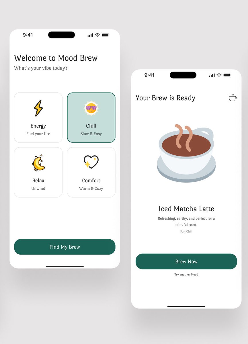 DesignwithHelda's tweet photo. Ever had a mood that just needed the right brew? ☕💭

I designed a cozy little concept app that recommends drinks recipes based on how you feel — from calm matcha moments to energetic espresso vibes ✨

Designed in both light &amp; dark mode  moonshine 🌗 https://t.co/VcICTCOzhV