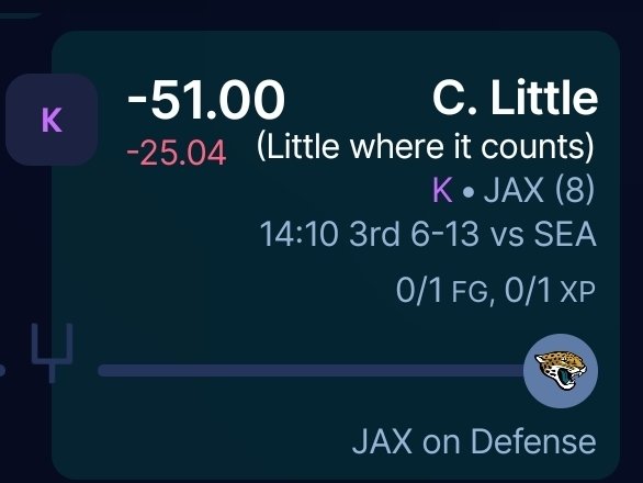 CommonSenseSam's tweet image. The FOURTH missed XP (worth -50 pts) of the 2025-2026 PepegaMega Fantasy Football season goes to... @HanekGoat! 

This is Cam Little&apos;s and Hanek&apos;s first missed XP of the season.