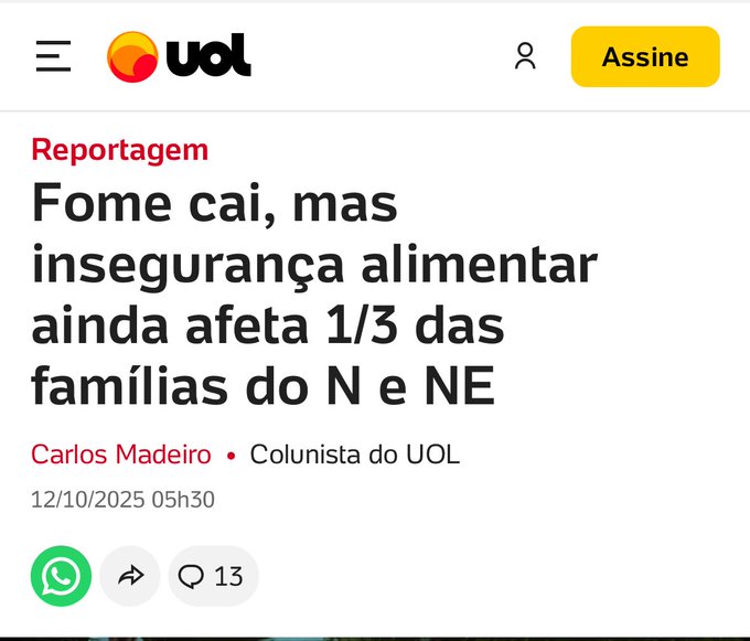 Screenshot of a UOL news article page with logo at top, headline Fome caiu, mas insegurança alimentar ainda afeta 1/3 das famílias do N e NE, byline Carlos Madeiro Colunista do UOL, date 25/02/25 05:30, and social media icons.