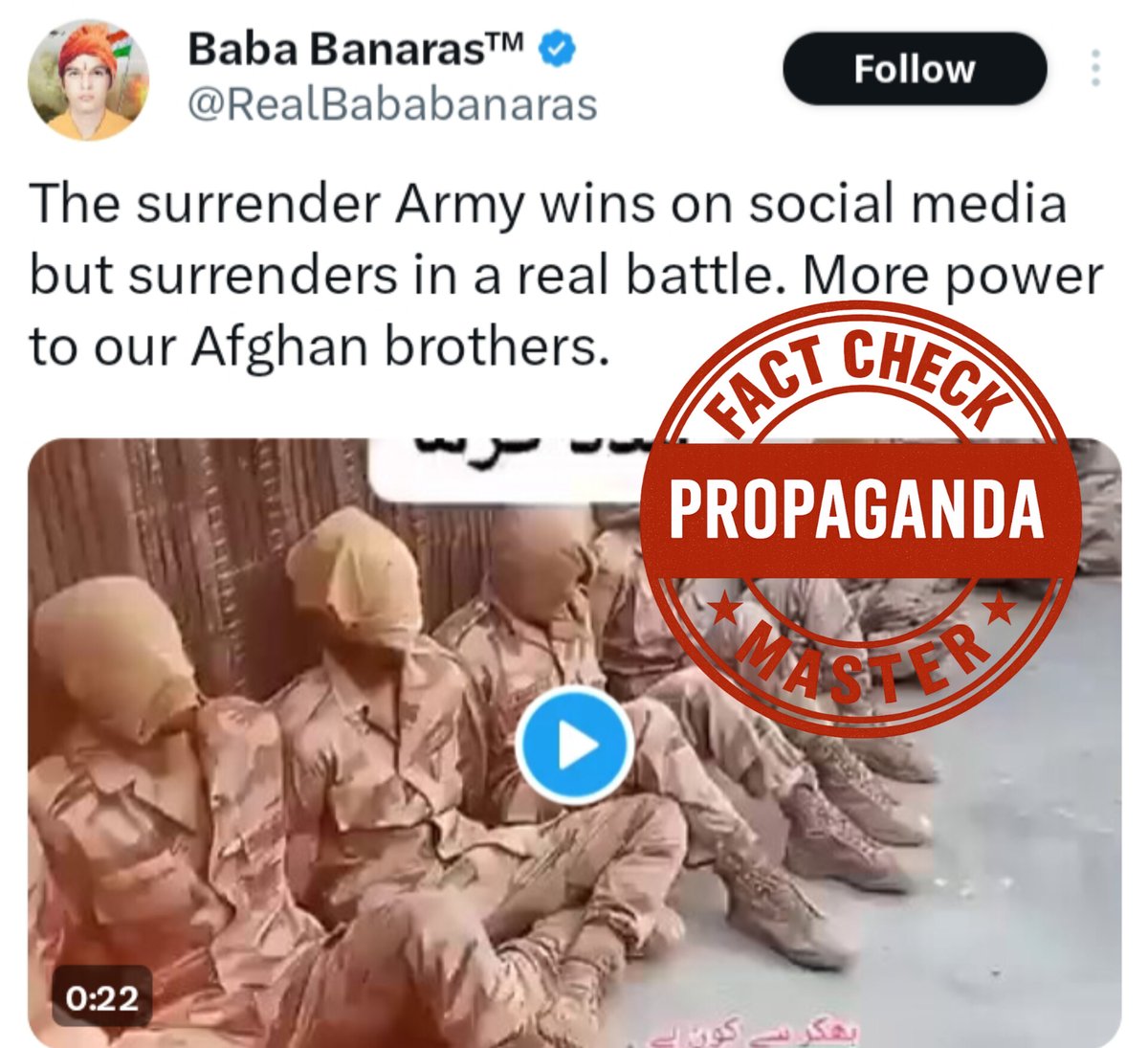 fcheckmaster's tweet image. Fact Check:
The video shared by RAW's puppet Baba Banaras falsely claims to show Pakistani soldiers surrendering.
In reality, the clip is old and actually depicts troops undergoing a Special Operations Course (SOC) training exercise, not a battlefield scene.
This is a…