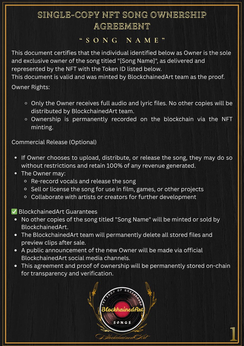 blockchainedrt's tweet image. BlockchainedArt — Single-Copy NFT Song Ownership Agreement

✅ MP3 — high-quality audio file of the song
✅ MP4 — video file of the song
✅ Lyrics — text file of the song’s lyrics

#BlockchainedArt #web3 #NFT #music #soundtrack