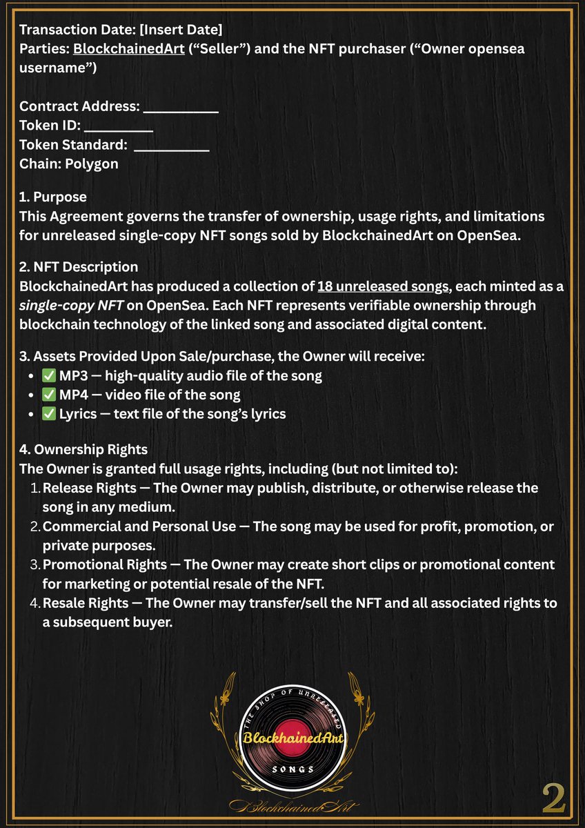 blockchainedrt's tweet image. BlockchainedArt — Single-Copy NFT Song Ownership Agreement

✅ MP3 — high-quality audio file of the song
✅ MP4 — video file of the song
✅ Lyrics — text file of the song’s lyrics

#BlockchainedArt #web3 #NFT #music #soundtrack