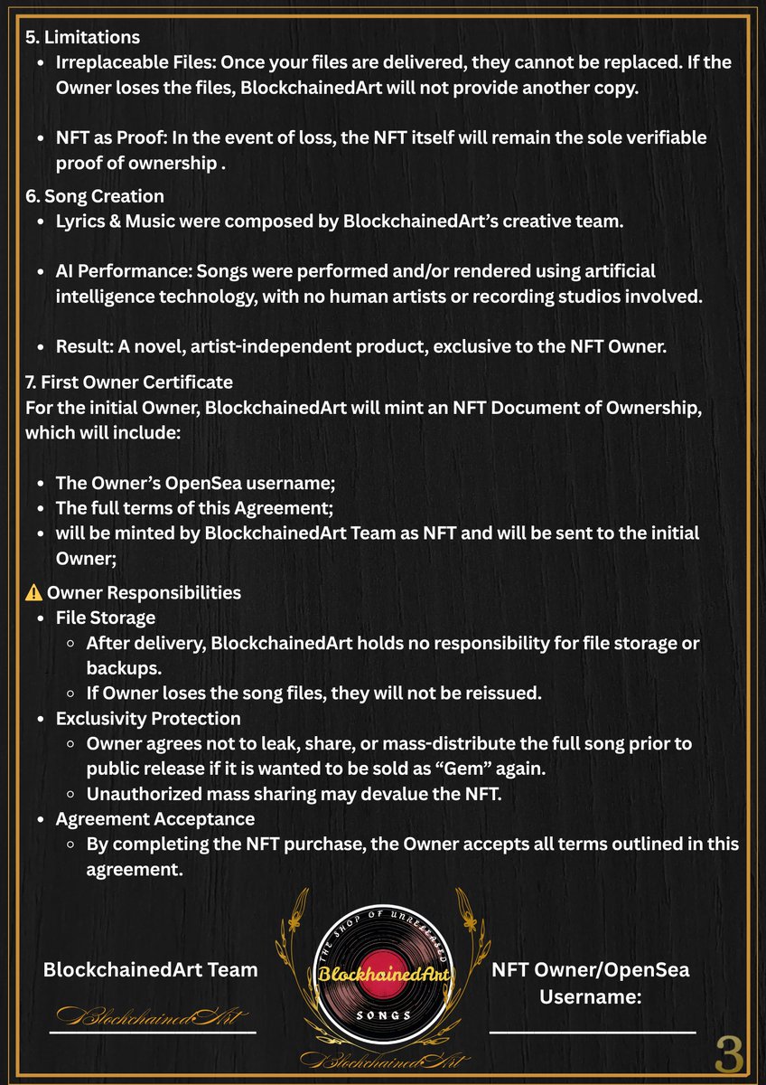 blockchainedrt's tweet image. BlockchainedArt — Single-Copy NFT Song Ownership Agreement

✅ MP3 — high-quality audio file of the song
✅ MP4 — video file of the song
✅ Lyrics — text file of the song’s lyrics

#BlockchainedArt #web3 #NFT #music #soundtrack