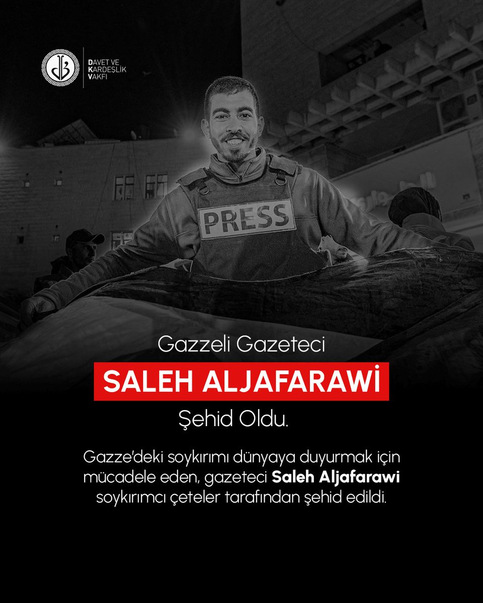 Gazze’deki soykırımı dünyaya duyurmak için mücadele eden, gazeteci Saleh Aljafarawi soykırımcı çeteler tarafından şehid edildi.

#salehaljafarawi