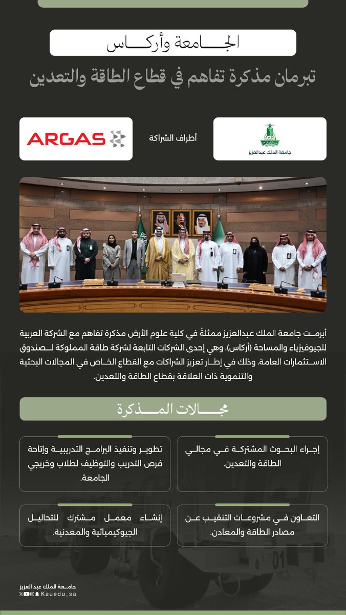 #جامعة_الملك_عبدالعزيز، ممثلة في كلية علوم الأرض، توقّع مذكرة تفاهم مع الشركة العربية للجيوفيزياء والمساحة (أركاس)، بهدف تعزيز التعاون الأكاديمي والبحثي والتطبيقي في مجالات الطاقة والتعدين، وتطوير الكوادر الوطنية بما يحقق مستهدفات #رؤية_السعودية_2030.
