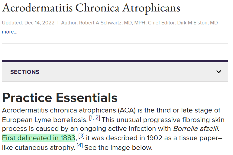 cremieuxrecueil's tweet image. Clinical descriptions of late manifestations of Lyme disease are also quite old, they&apos;ve just only been more recently understood to be driven by Lyme.

For example, the European Lyme-caused acrodermatitis chronica atrophicans condition was characterized in 1883.