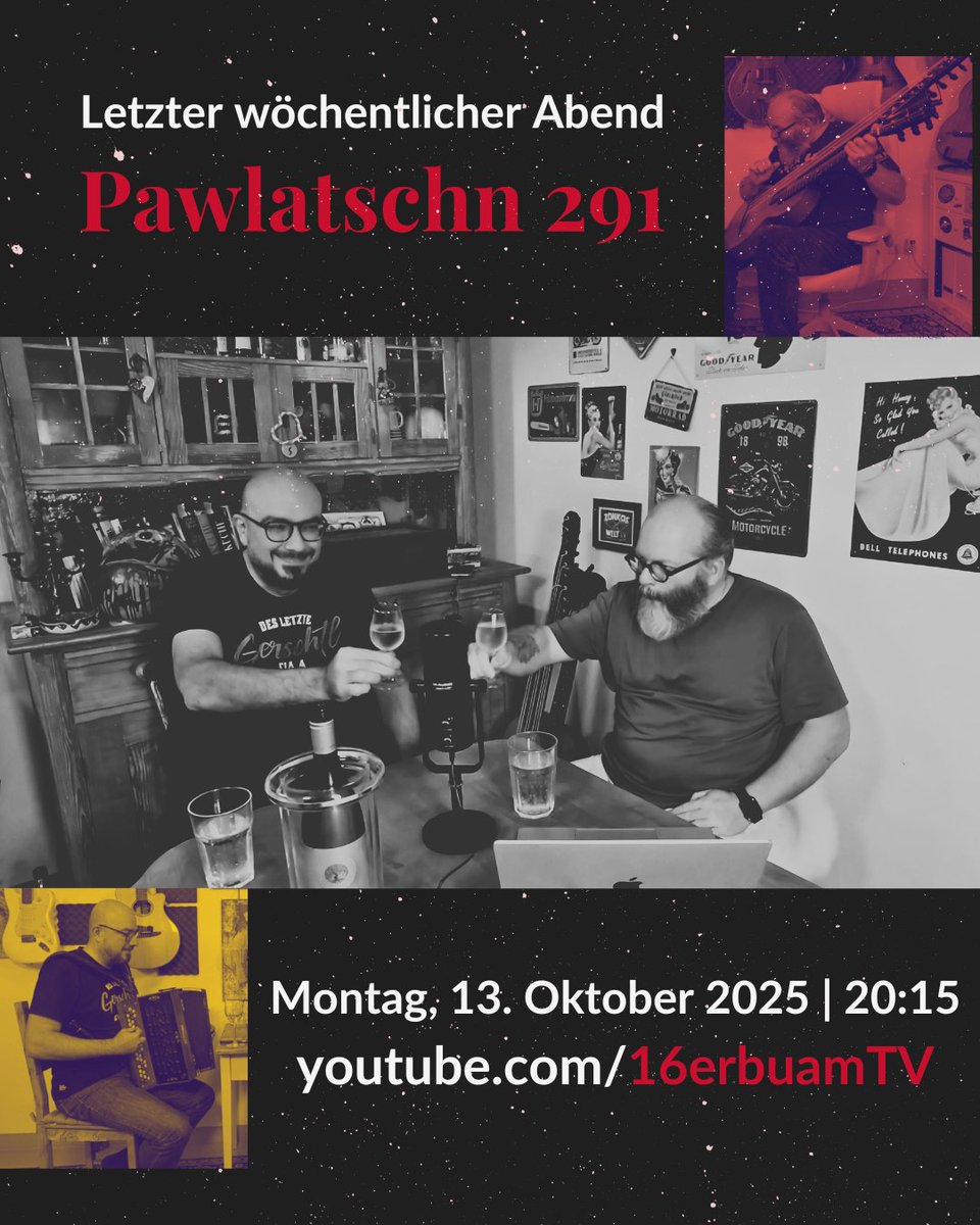 Heute 20:15 live: Pawlatschn 291 aus Wien (Studio Donaufeld). Letzte Ausgabe in dieser Art – ab Nov. monatlich am ersten Montag. Wienerlied, nah &amp; ehrlich.
youtube.com/live/6HiAjHCEF…
#Wienerlied #Wien #Livemusik