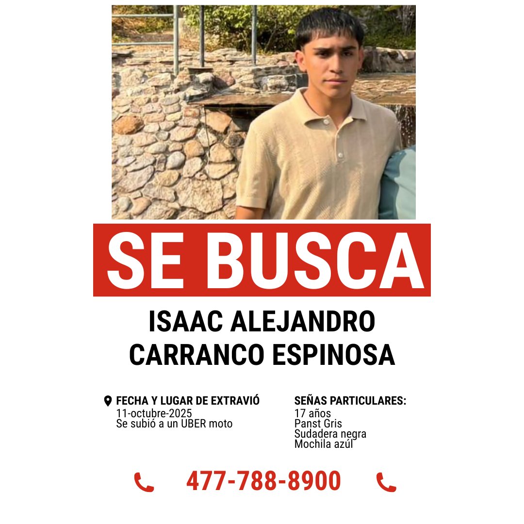 10_4l3's tweet photo. 🚨 #AyudaLeon 🚨
Buscamos a Isaac Alejandro Carranco Espinosa, de 17 años.
Desapareció tras abordar una Uber moto.
Si sabes algo o lo has visto, llama al 477-788-8900.
Comparte, RT, comenta.
#BuscamosaIsaac #SeBusca #Desaparecido #LeónGto https://t.co/8FuU4MSRK7