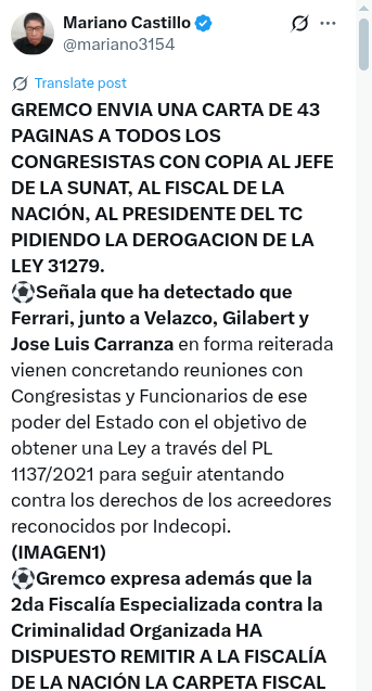 BazanElejalder's tweet photo. 💣Bomba!!!⚠️Delincuentes de #GREMCO enviaron carta al @congresoperu denunciando al actual presidente 🇵🇪@josejeriore por haber aprobado Ley 31279, con la cual se pudo extirpar al cáncer de GREMCO de la U. Así manipulaban la @FiscaliaPeru CC: @mariano3154 @paolobenza @TomasGalvezV https://t.co/MsTBJiNiE0