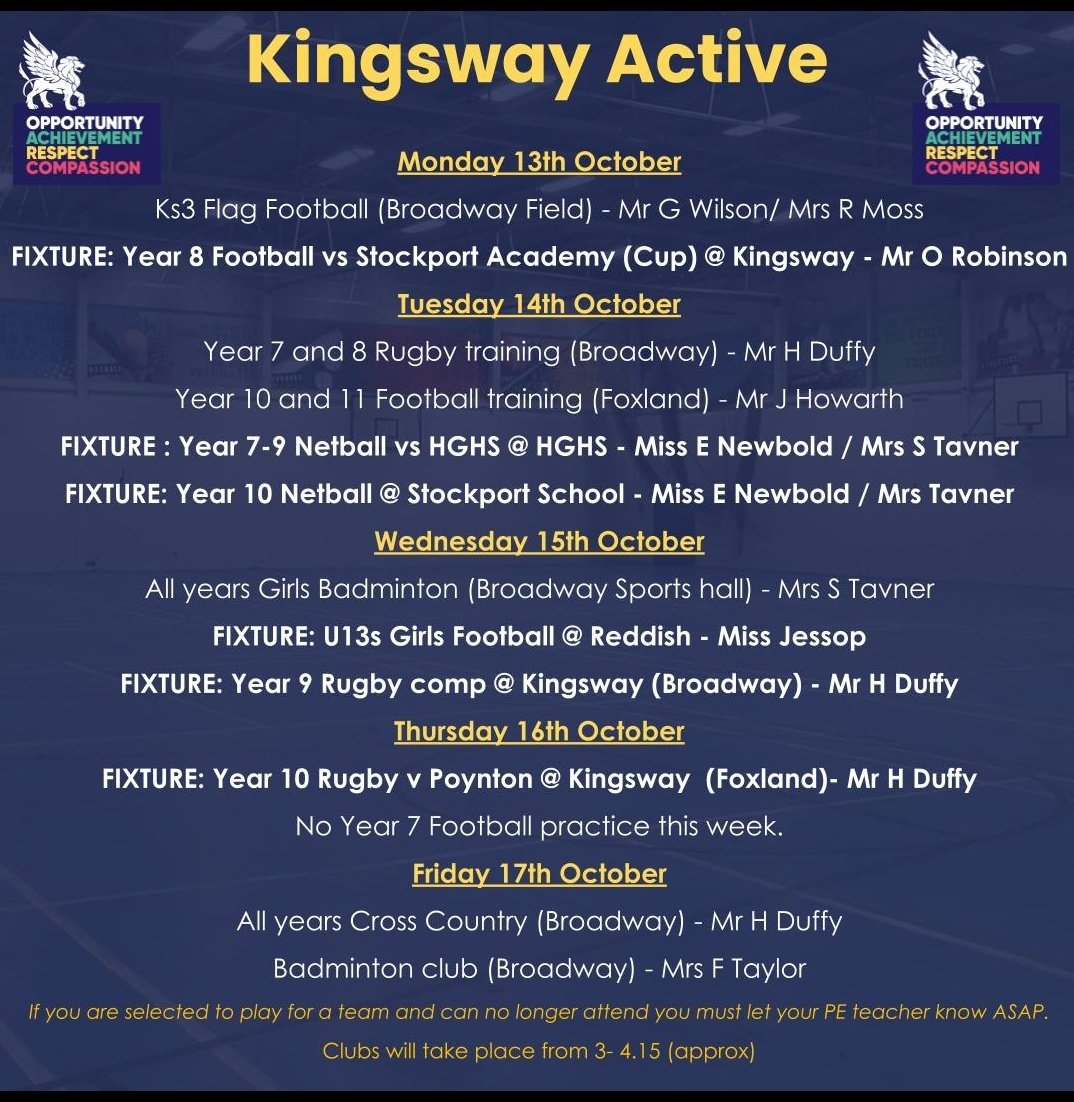 Well done to everyone who represented Team Kingsway last week and thank you to our amazing Sports Leaders!  We have another very busy week of fixtures, please check the key messages for Team information! 💪🏼🏸🏉⚽️🏃🏼‍♀️🏃‍♂️