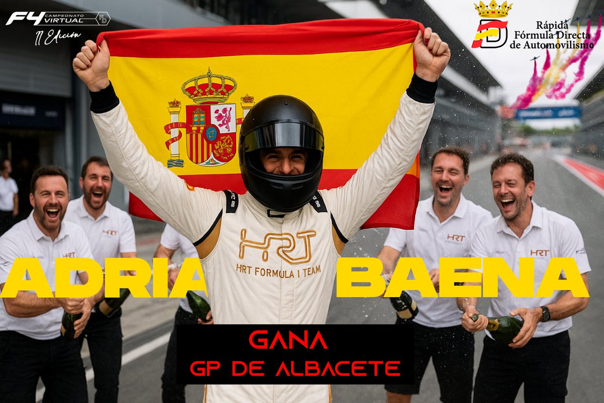 F4virtual's tweet image. 🏁 ¡Victoria en el GP de Albacete! 🇪🇸

Adrián Baena conquista el circuito y lleva a lo más alto a HRT en la F4 Virtual. 🔥

🎉 Trabajo en equipo, estrategia y pura velocidad.

#F4Virtual #HRT #AdrianBaena #GPAlbacete #SimRacing #Motorsport #Victoria
