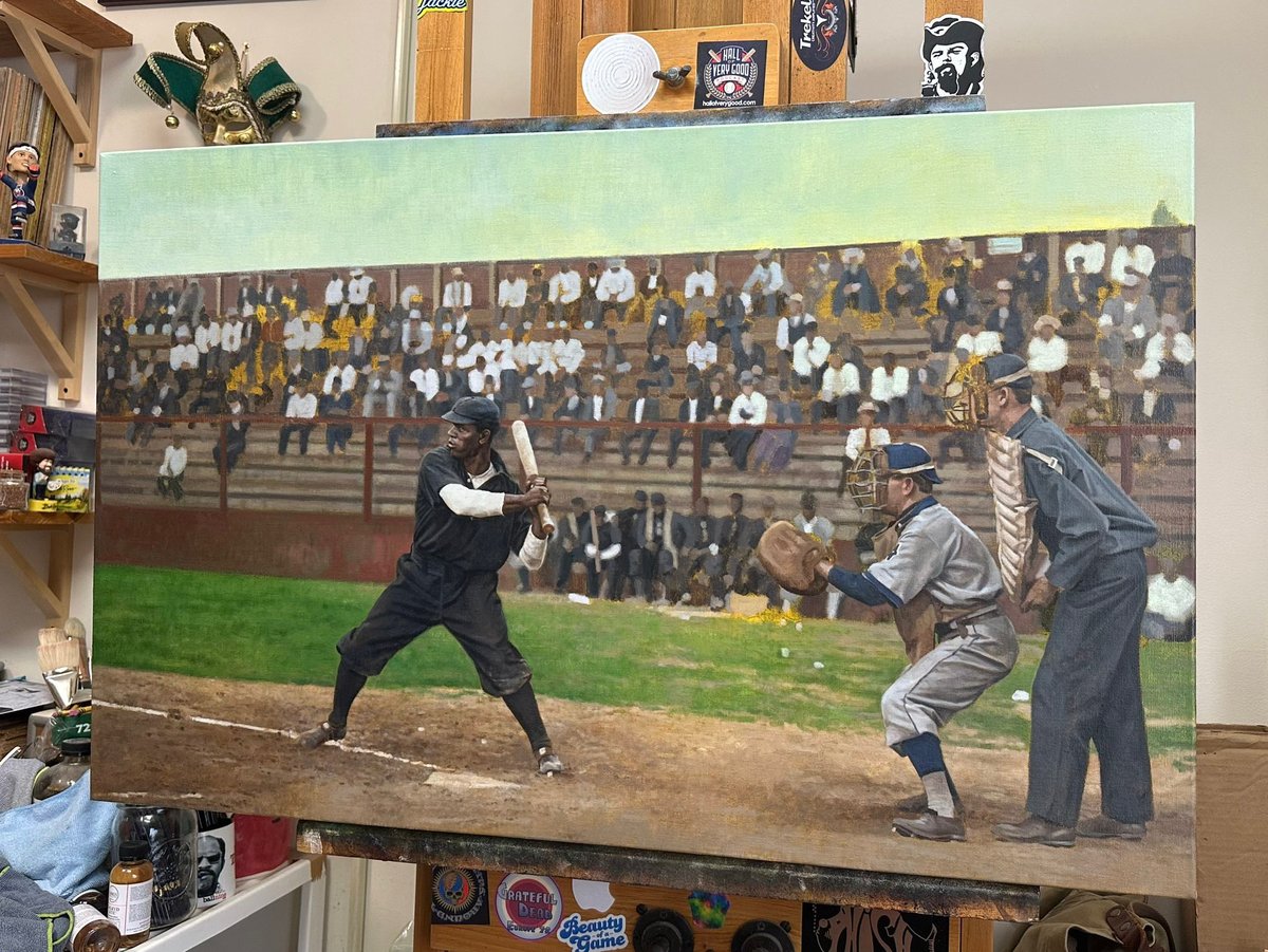 #OTD in 1882, John Preston “Pete” Hill was born in Culpeper, VA. The five-tool player was considered one of the first superstars in black baseball. Here’s an in-progress painting of him with the Chicago Leland Giants in 1907, facing the Cuban Stars of Havana at Logan Park.