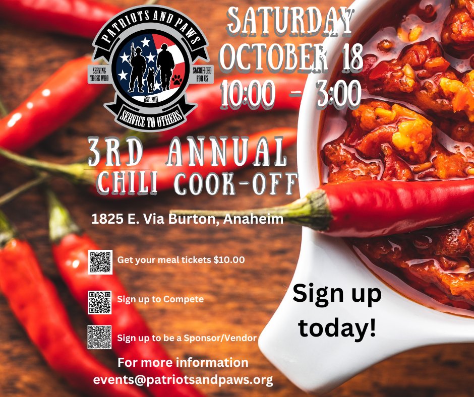 Patriots And Paws (@patriotsandpaws) on Twitter photo Sign up today for our 3rd Annual #Chili #CookOff Competition.
Do you have a chili that  you think is award winning?  Well, sign up and bring it on.
This event is open to the public and we will have #Veteran resources.
Tickets available at the door.
Use QRcodes for more info. Sign up today for our 3rd Annual #Chili #CookOff Competition.
Do you have a chili that  you think is award winning?  Well, sign up and bring it on.
This event is open to the public and we will have #Veteran resources.
Tickets available at the door.
Use QRcodes for more info.