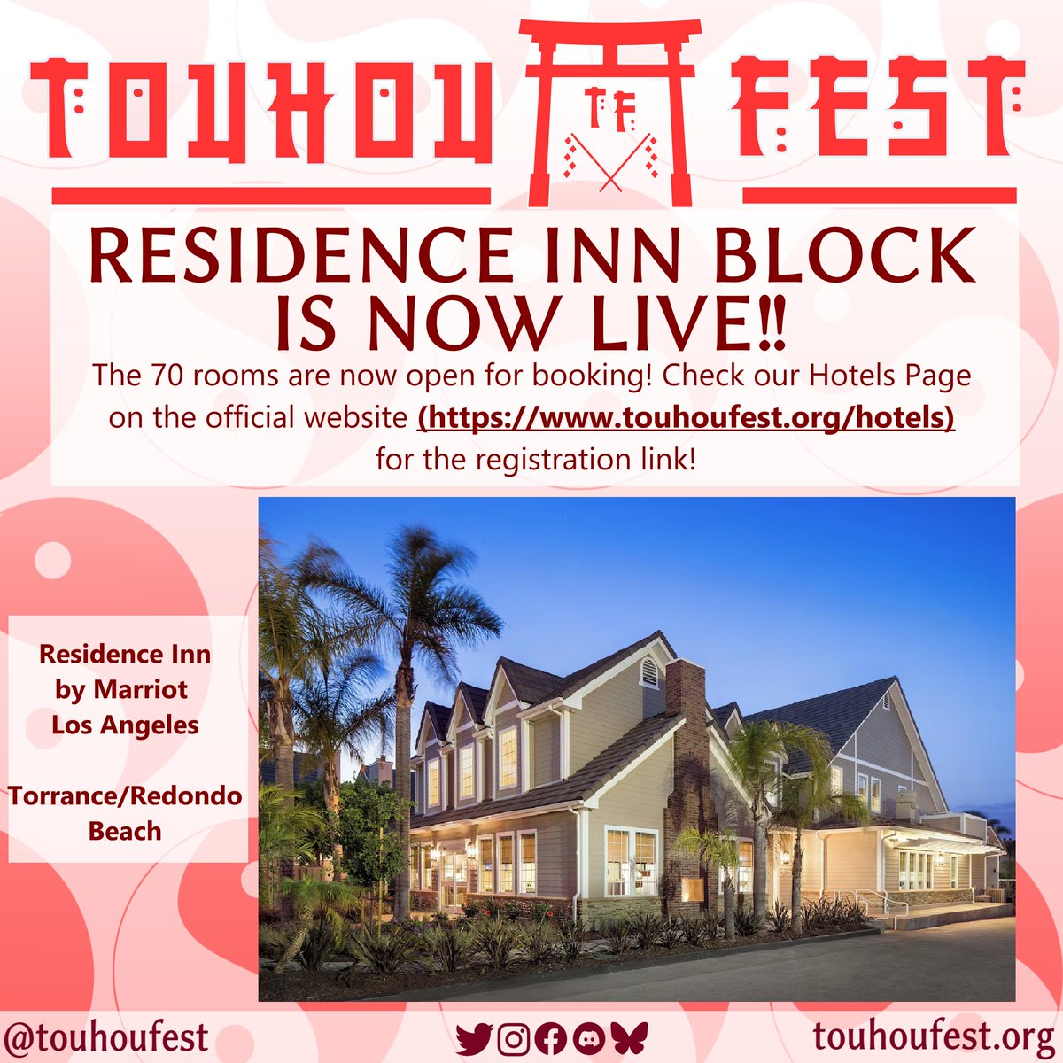Howdy, TouhouFest here! The hotel block is now live and open for booking, everyone! Go to our hotel page to get a room at the Residence Inn! We have 70 rooms available, so act fast!

touhoufest.org/hotels

#touhoufest #touhoufest2026 #東方フェス #東方Project