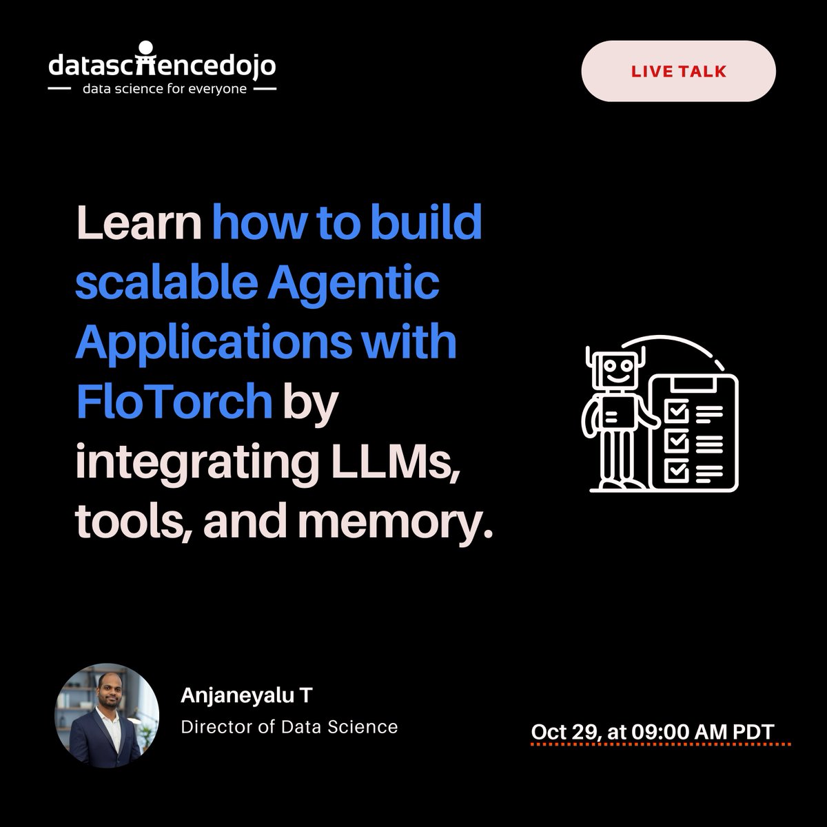 DataScienceDojo's tweet image. 🚀 Get Ready for Our Upcoming Webinar: Building Scalable Agentic Applications with FloTorch ⚡

Join Anjaneyalu T (AJ), Director of Data Science at FloTorch, for a practical session on building production-grade Agentic Applications. Learn how to integrate LLMs, tools, and memory…