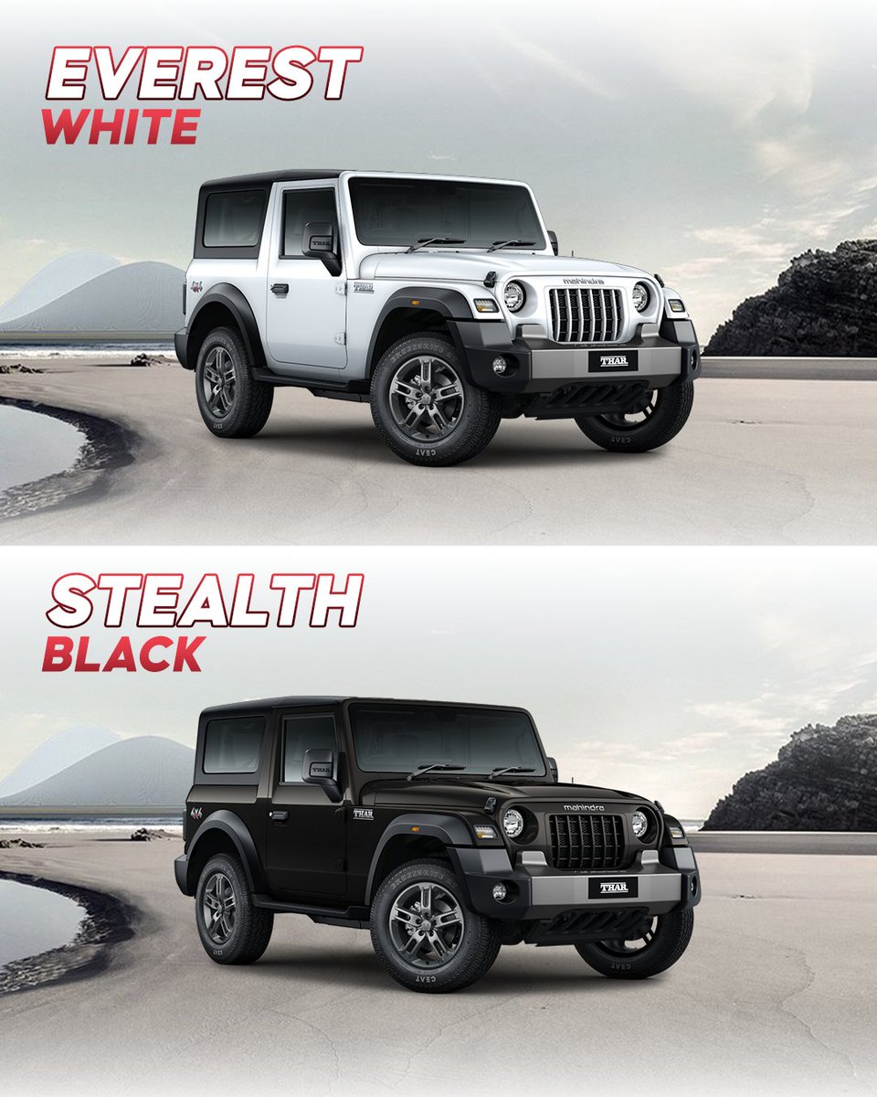 91wheels's tweet image. Every shade tells a story — pick yours! 🎯
Which color of the 2025 Mahindra Thar is calling you? 😍

#MahindraThar #Thar2025 #ColorOptions #SUVGoals #91Wheels