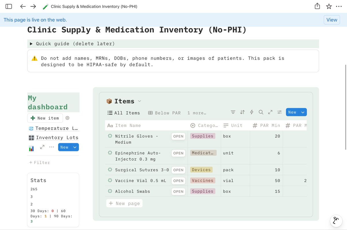 Medmememnemonic's tweet image. Running a clinic shouldn’t feel like managing chaos.
My HIPAA-safe Notion template tracks meds, expiry dates, and reorders—so you don’t have to.
Less panic. More patients.
Link: payhip.com/b/O7dsP
#clinicsupply #medicationtracker #clinicalworkflow #pharmacy