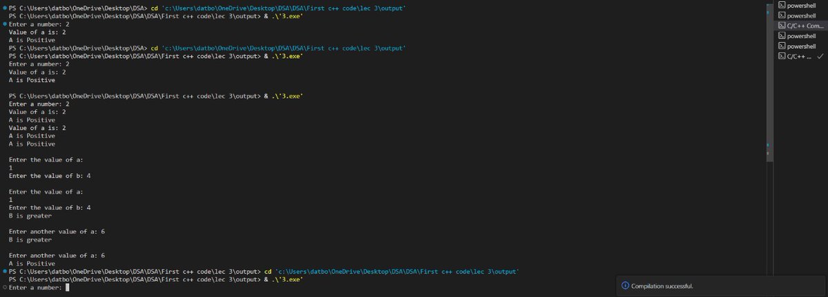 datboi_aayu's tweet image. Day 147 of #365DaysOfCode
🚀 Day 14 of DSA with C++

Today I practiced basic conditionals in C++:
🔹 Checking positive, negative &amp;amp; zero values
🔹 Comparing two numbers (a &amp;amp; b)
🔹 Using if–else for decision making
🔹 Practicing cin / cout I/O

#CPlusPlus #DSA #CodingJourney