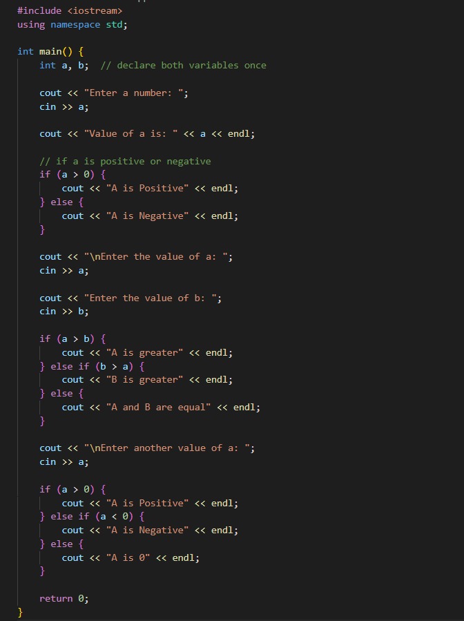 datboi_aayu's tweet image. Day 147 of #365DaysOfCode
🚀 Day 14 of DSA with C++

Today I practiced basic conditionals in C++:
🔹 Checking positive, negative &amp;amp; zero values
🔹 Comparing two numbers (a &amp;amp; b)
🔹 Using if–else for decision making
🔹 Practicing cin / cout I/O

#CPlusPlus #DSA #CodingJourney