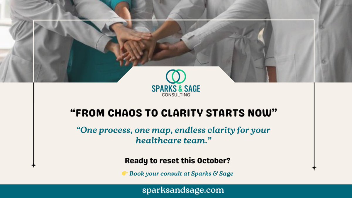 Sparks_and_sage's tweet image. From chaos to clarity — healthcare workflows are messy but map-able. October is your chance to
reset: pick a stubborn process, map it, test it — reveal the friction.
Want the template + a consult? 👉 sparksandsage.com
#HealthCareOps #Workflow #Leadership #ProcessMapping