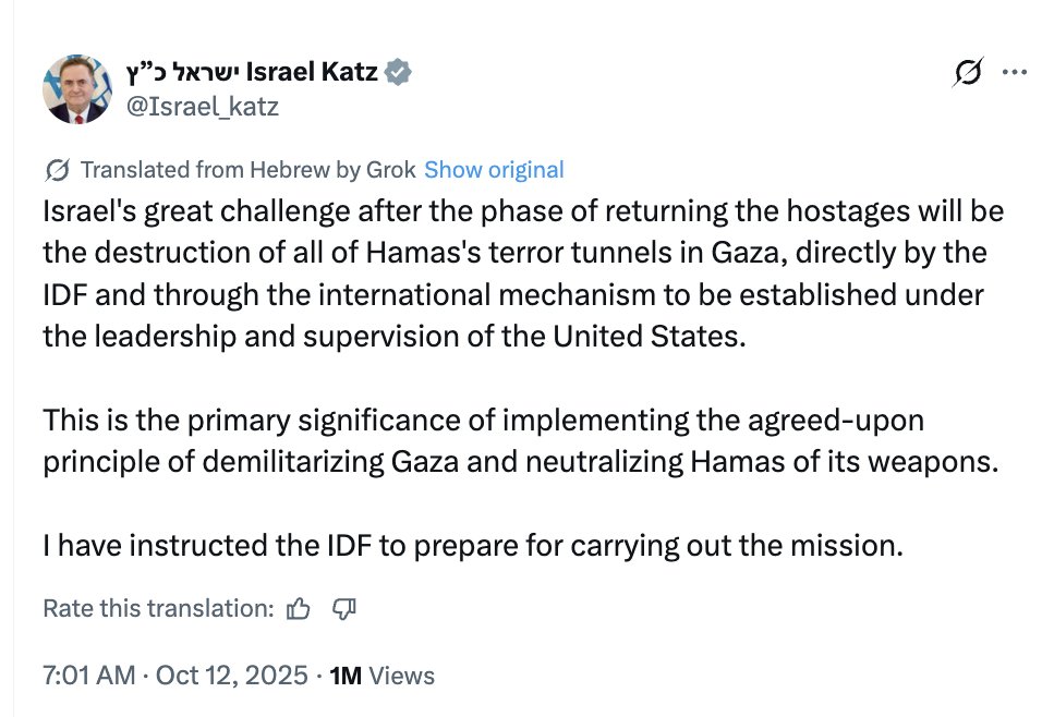 This is Israel's defence minister declaring that Israel will resume its military onslaught against Gaza once the Israeli hostages are returned.