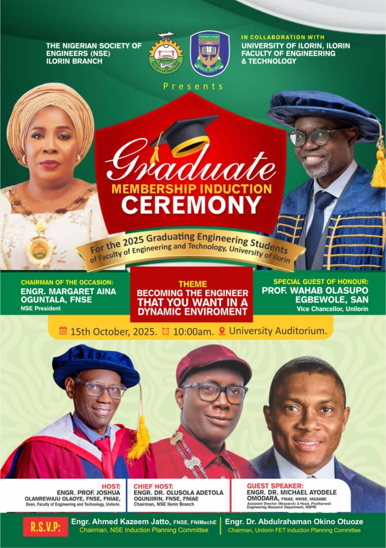 UnilorinNGR's tweet image. The Graduate Membership Induction Ceremony for the 2025 graduating engineering students of our Faculty of Engineering and Technology will take place on Wednesday, October 15, 2025. Get ready!

#BetterByFar🎓 #Engineering #UNILORIN40thConvocation #UnilorinAt50