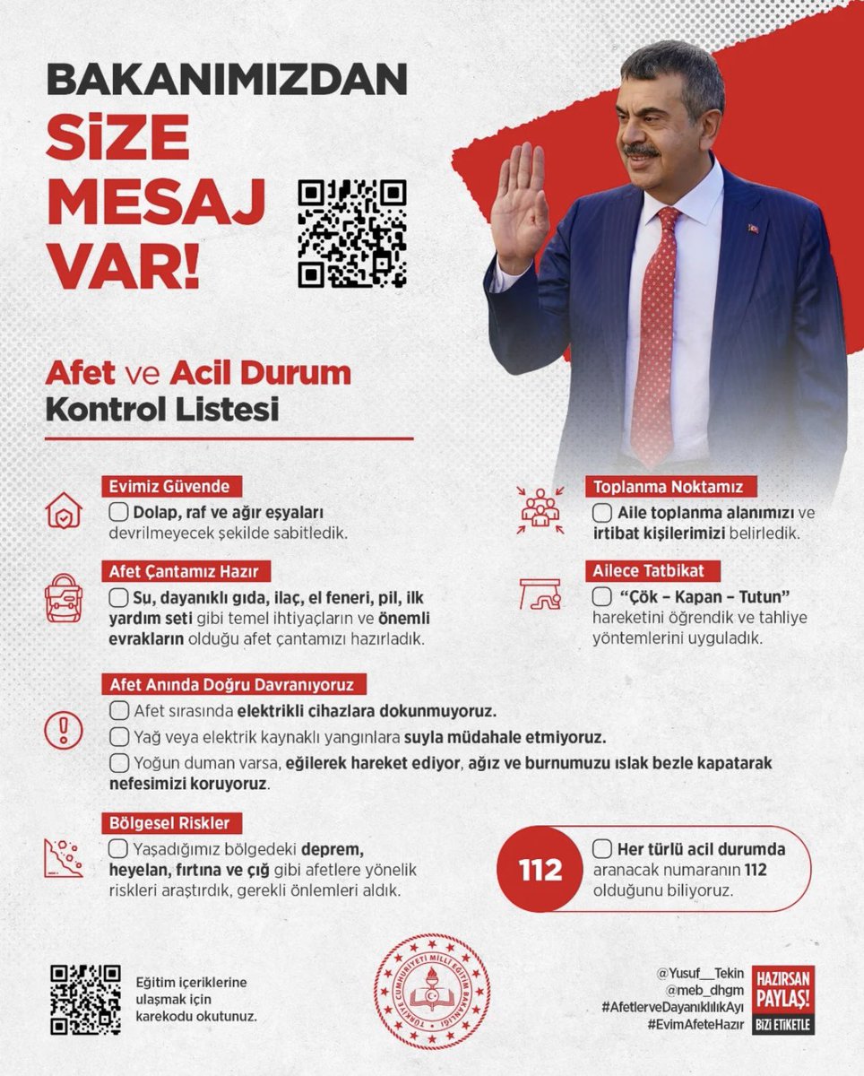 13 Ekim Pazartesi günü tüm okullarımızda eş zamanlı olarak ‘Afet ve Dayanıklılık Ayı’ kapsamında tatbikatlar uygulanacak. Öğrenciler afetlere hazırlık bilincini pekiştirecek. <a href="/tcmeb/">Millî Eğitim Bakanlığı</a> <a href="/tcagrivaliligi/">T.C. Ağrı Valiliği</a> <a href="/agrimem/">AĞRI MEM</a> <a href="/hasan_kokrek/">Hasan Kökrek</a> <a href="/TslcyKaymakamlk/">T.C. Taşlıçay Kaymakamlığı</a> <a href="/Ahmetkaya0404/">Ahmet KAYA</a> <a href="/UtkuKzlkya/">Utku Kızılkaya</a> <a href="/ihsankosen/">ihsankosen</a>