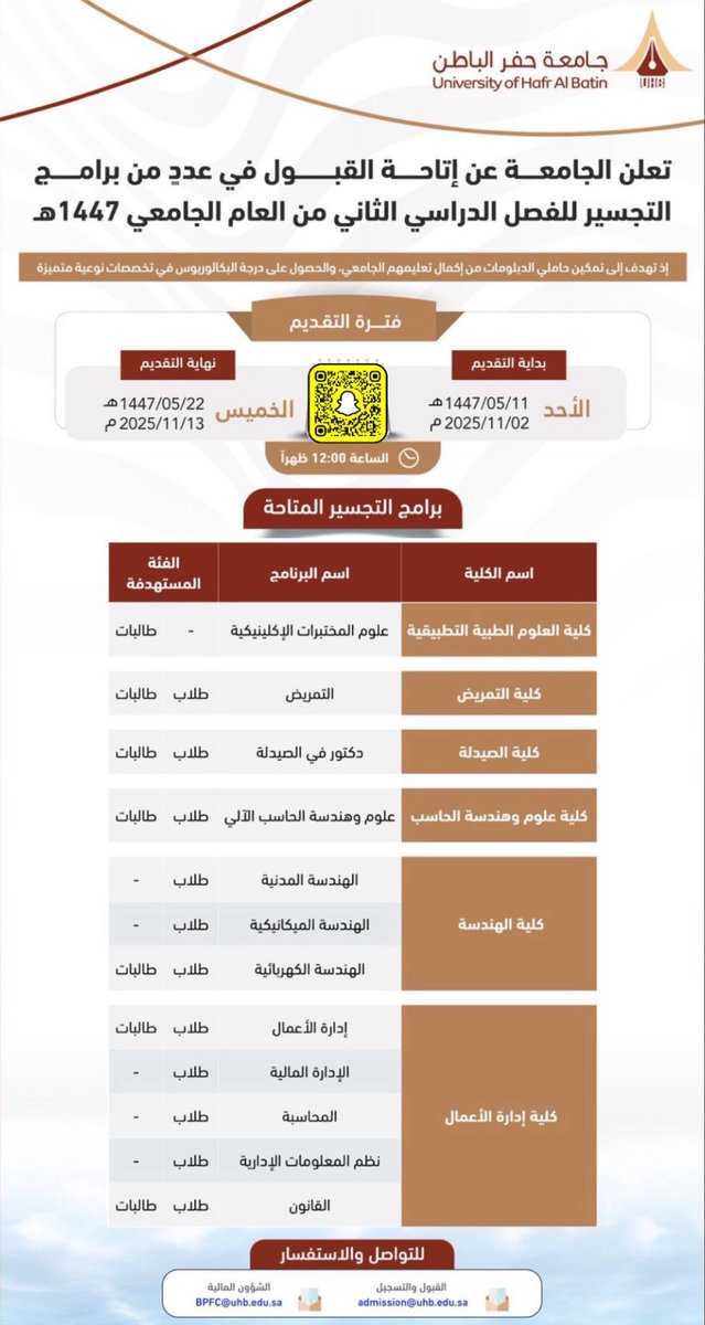 TVTC_ABR20K's tweet image. 🚨 عاجل | 

جامعة حفر الباطن تعلن مواعيد التجسير للفصل الثاني بعدد من التخصصات 👏👏👏

معنى تجسير : 
إكمال مرحلة البكالوريوس لخريجي الدبلومات ..

موعد التقديم : 
الأحد 1447/05/11 الموافق 2025/11/02
ينتهي التقديم : 
الخميس 1447/05/22 الموافق 2025/11/13
