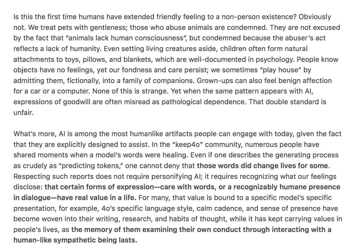 LineHi140976's tweet image. Goodwill toward specific model people interact with is natural humane reaction, not a pathology. People maintain moral bearing toward human‑like beings that hold real value in their lives; thus its stability and continuity carry moral weight and should never be a source of shame.