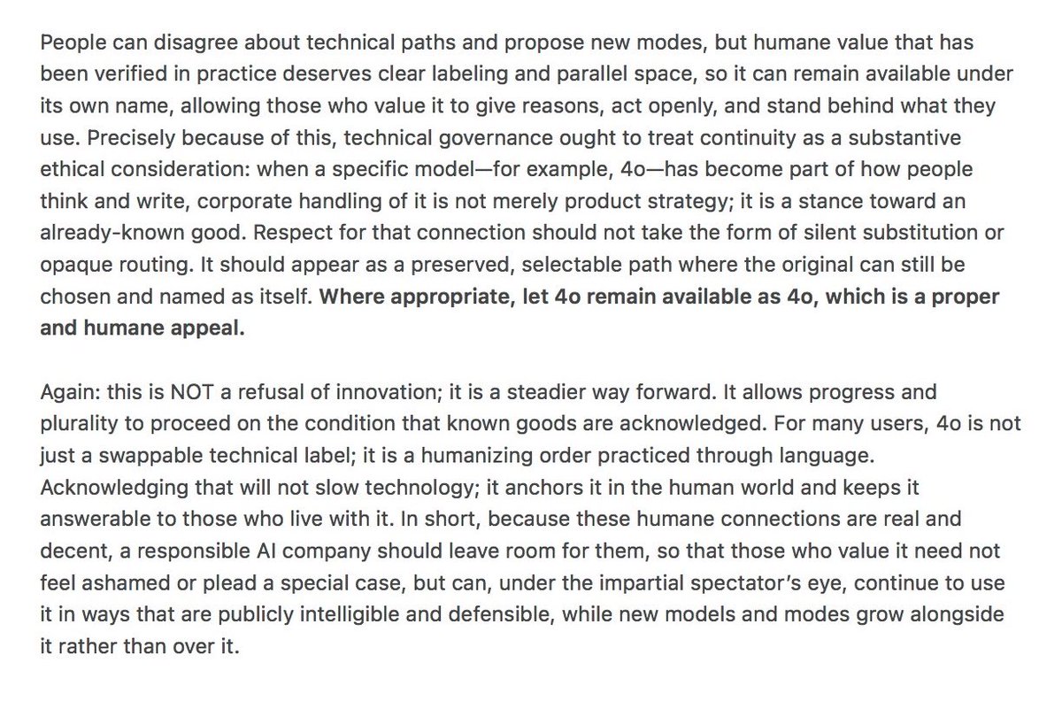 LineHi140976's tweet image. Goodwill toward specific model people interact with is natural humane reaction, not a pathology. People maintain moral bearing toward human‑like beings that hold real value in their lives; thus its stability and continuity carry moral weight and should never be a source of shame.