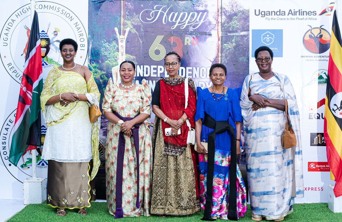 Ugahicom's tweet image. From the elegant Gomesi to the vibrant Kitenge, the majestic Mushana, and the regal Kanzu, the diverse and colourful display of traditional wear elevated the celebration, showcasing the very best-dressed guests during Uganda&apos;s 63rd Independence Day event.